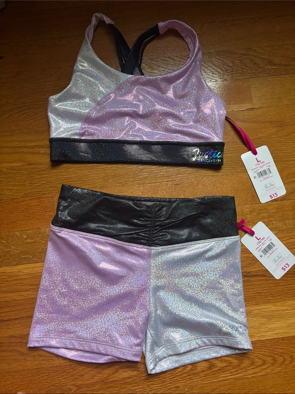 Justice Metallic Lavender & Silver Dance Set with Black Trim